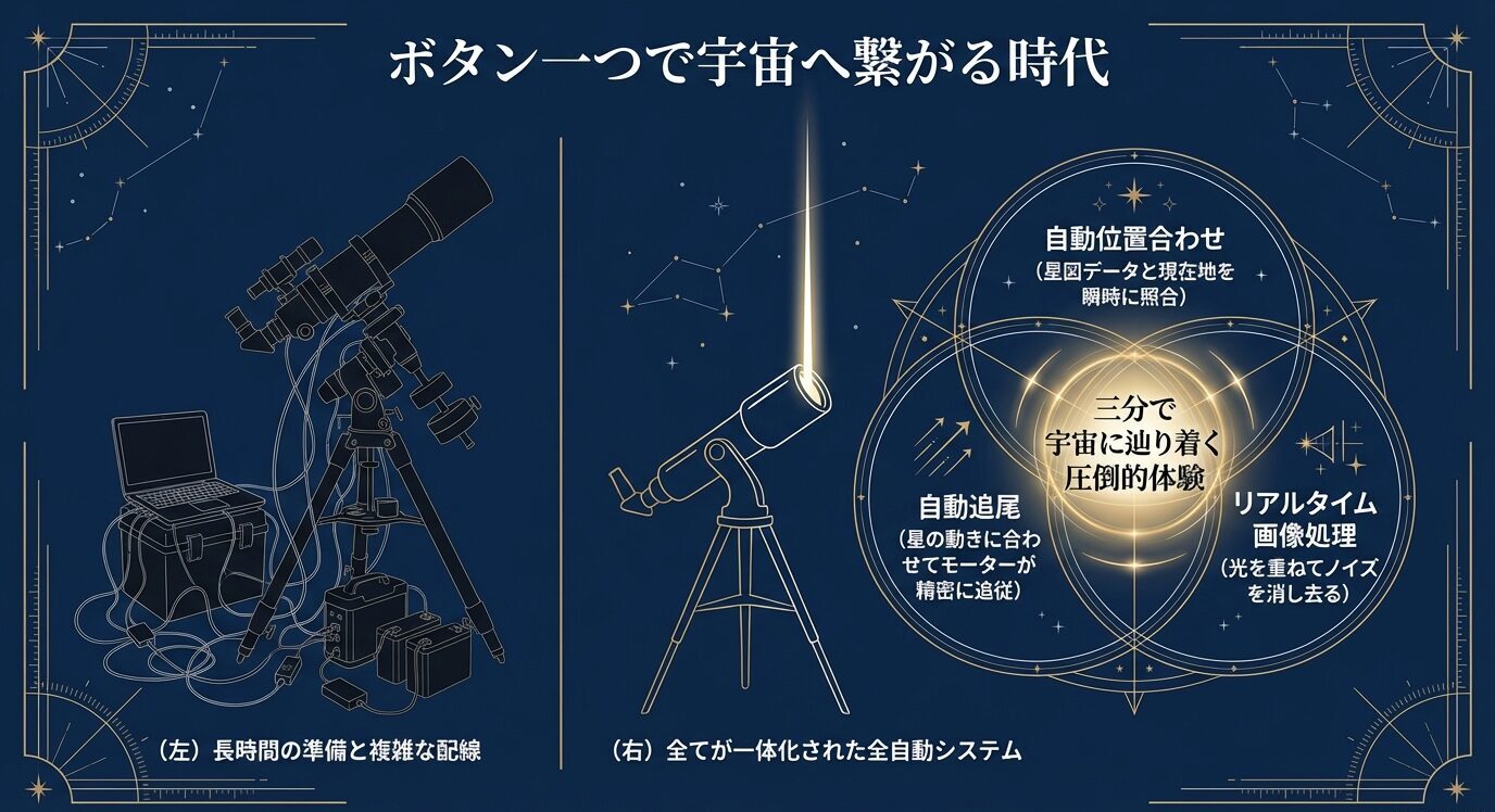 左に配線の多い従来型システム、右に一体型スマート望遠鏡を描き、自動位置合わせ・自動追尾・リアルタイム画像処理で短時間に観測を始められることを示した比較スライド。