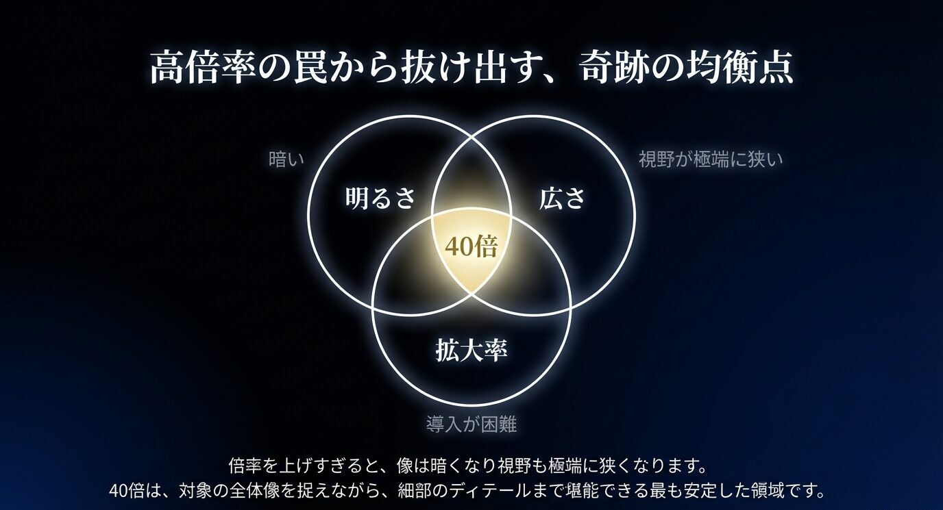 明るさ・広さ・拡大率の3要素が重なる中心に「40倍」を置いた図で、40倍が高倍率の欠点を避けながら全体像とディテールを両立する領域だと示すスライド