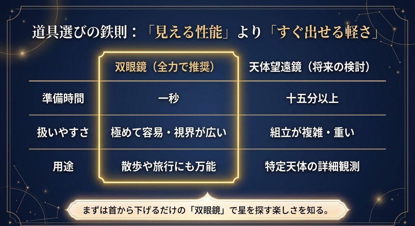 双眼鏡と天体望遠鏡を準備時間、扱いやすさ、用途で比較し、初心者には双眼鏡が向いていると示した比較スライド。