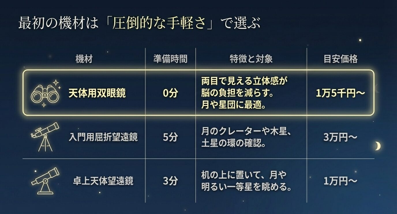 天体用双眼鏡、入門用屈折望遠鏡、卓上天体望遠鏡を、準備時間・特徴・対象・価格目安で比較し、双眼鏡の手軽さを強調したスライド。