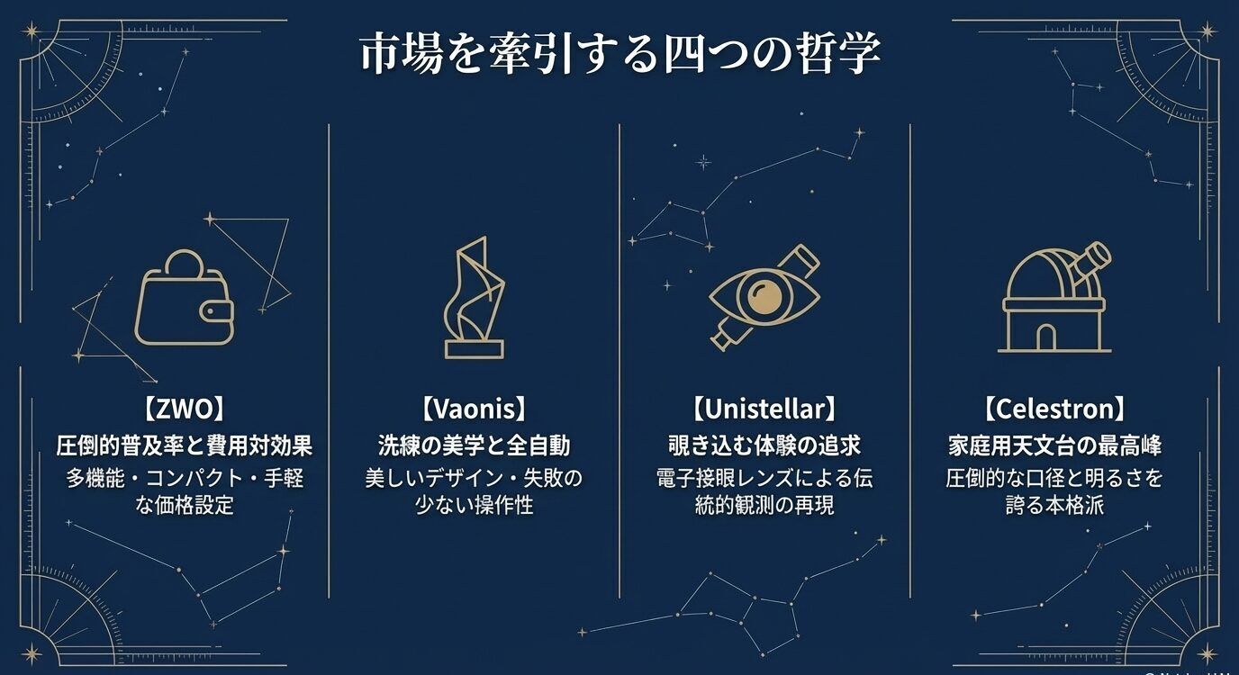 ZWO、Vaonis、Unistellar、Celestronの4社をアイコン付きで並べ、価格・デザイン・覗き込み体験・本格性能などの方向性の違いを整理したスライド。