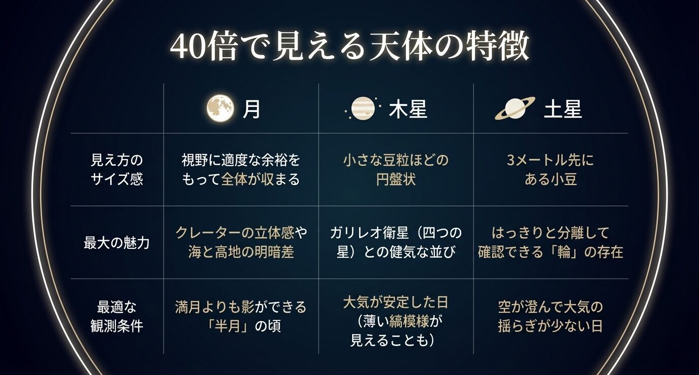 月・木星・土星について、40倍で見たときのサイズ感、最大の魅力、観測条件を3列で比較した一覧スライド