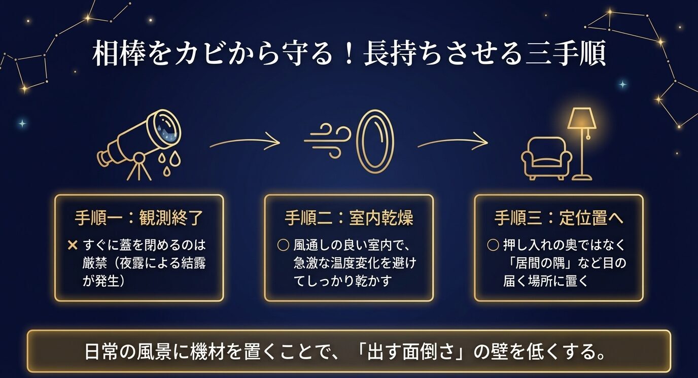 結露した望遠鏡、室内乾燥、目に入る場所での保管を順番に示し、観測後の手入れと保管のコツをまとめたスライド。