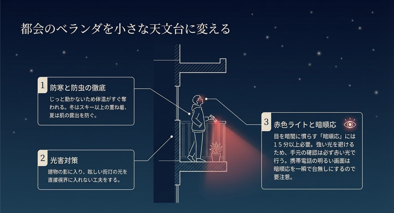 ベランダに立つ観察者の図を中心に、防寒と防虫、光害対策、赤色ライトと暗順応の3点を吹き出しで説明したスライド。