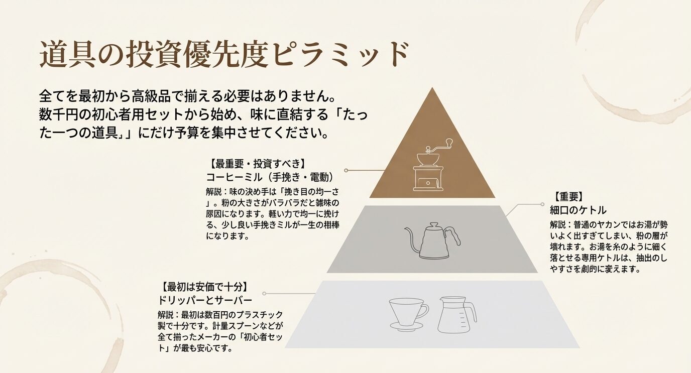 コーヒーミル、細口ケトル、ドリッパーとサーバーの順で、初心者が予算をかける優先度をピラミッド図で示したスライド。