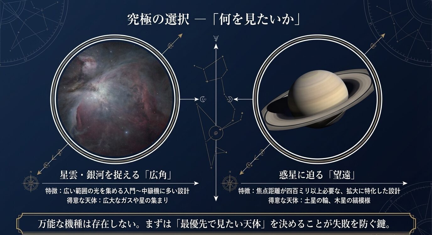 左に星雲・銀河向きの広角設計、右に土星を例にした惑星向きの望遠設計を対比し、最優先で見たい天体を決める重要性を示したスライド。
