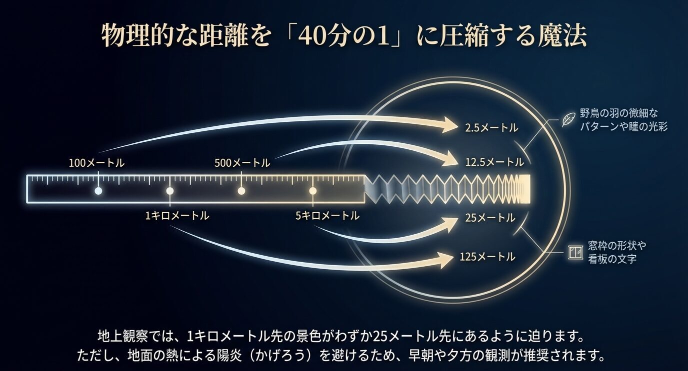 100メートル、500メートル、1キロ、5キロの距離が、40倍で2.5メートル、12.5メートル、25メートル、125メートル相当に見えることを矢印で示した図解スライド