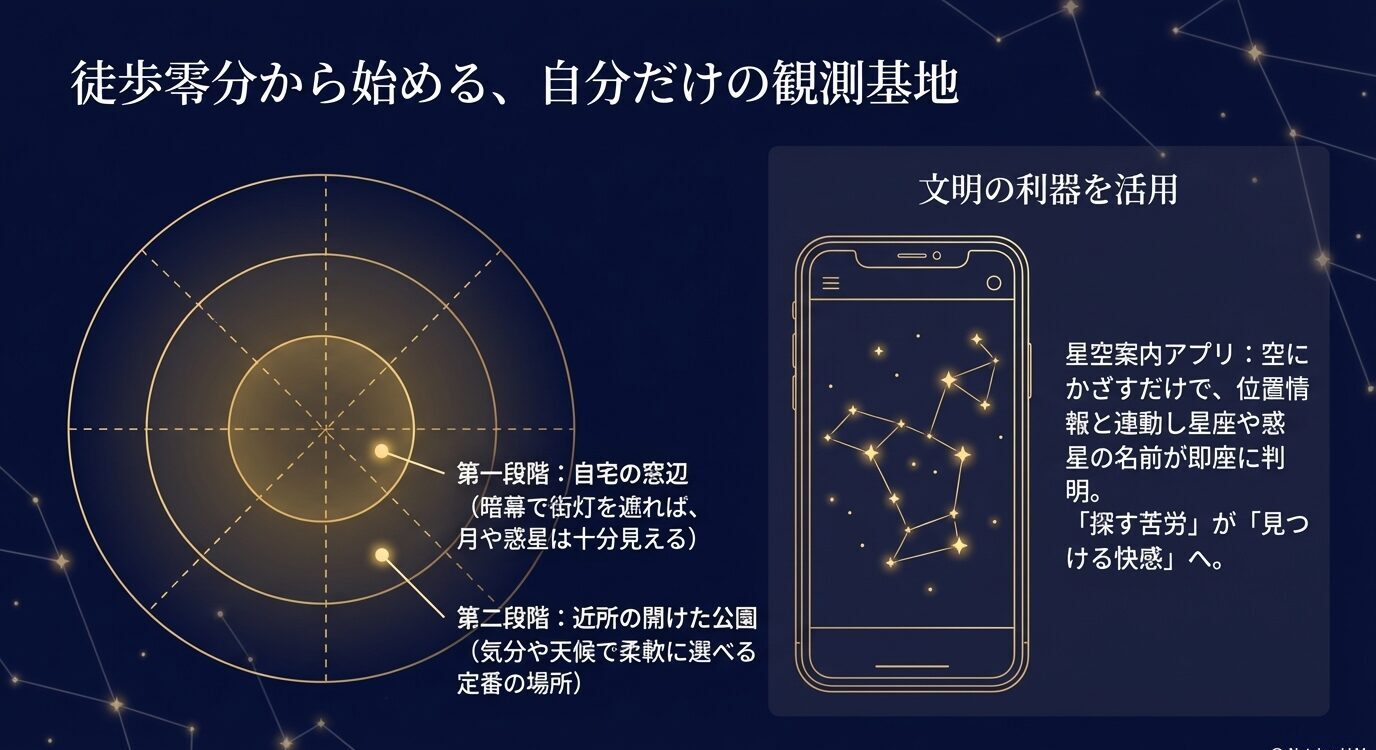自宅の窓辺から近所の公園へと広げる観測スポットの図と、星座案内アプリの活用を並べたスライド。