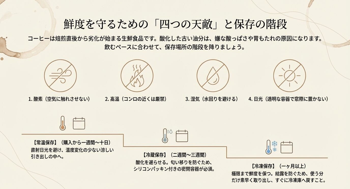 酸素、高温、湿気、日光の4つの天敵と、常温・冷蔵・冷凍の保存期間の目安を段階図でまとめたスライド。