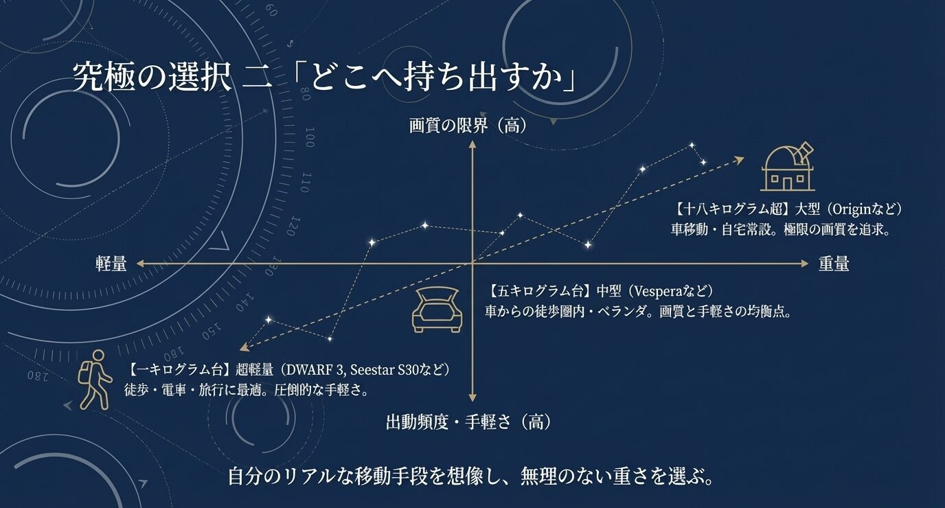 軽量から大型までのスマート望遠鏡を、重さ・画質・出動頻度の関係で整理し、徒歩向きの超軽量機から車移動向きの大型機まで配置したスライド。