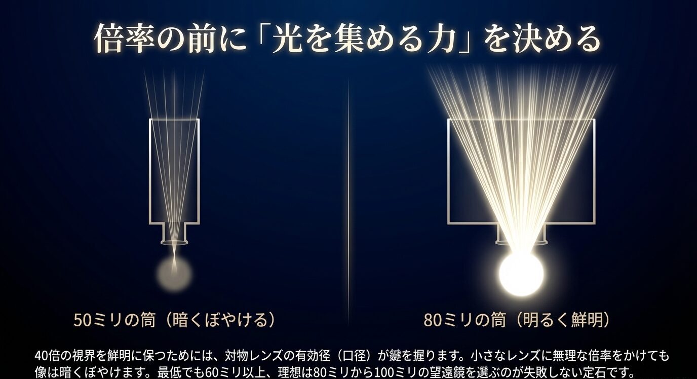 50ミリの筒は暗くぼやけ、80ミリの筒は明るく鮮明と対比し、40倍観測では口径60ミリ以上、理想は80から100ミリが望ましいと示すスライド