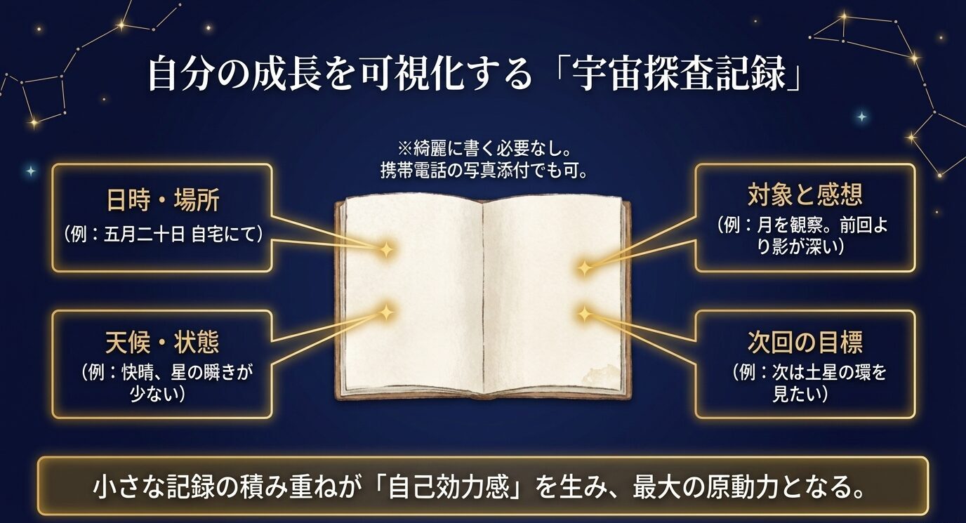 開いたノートのイラストの周囲に、日時・場所、天候、対象と感想、次回の目標が示され、観測記録の基本項目をまとめたスライド。