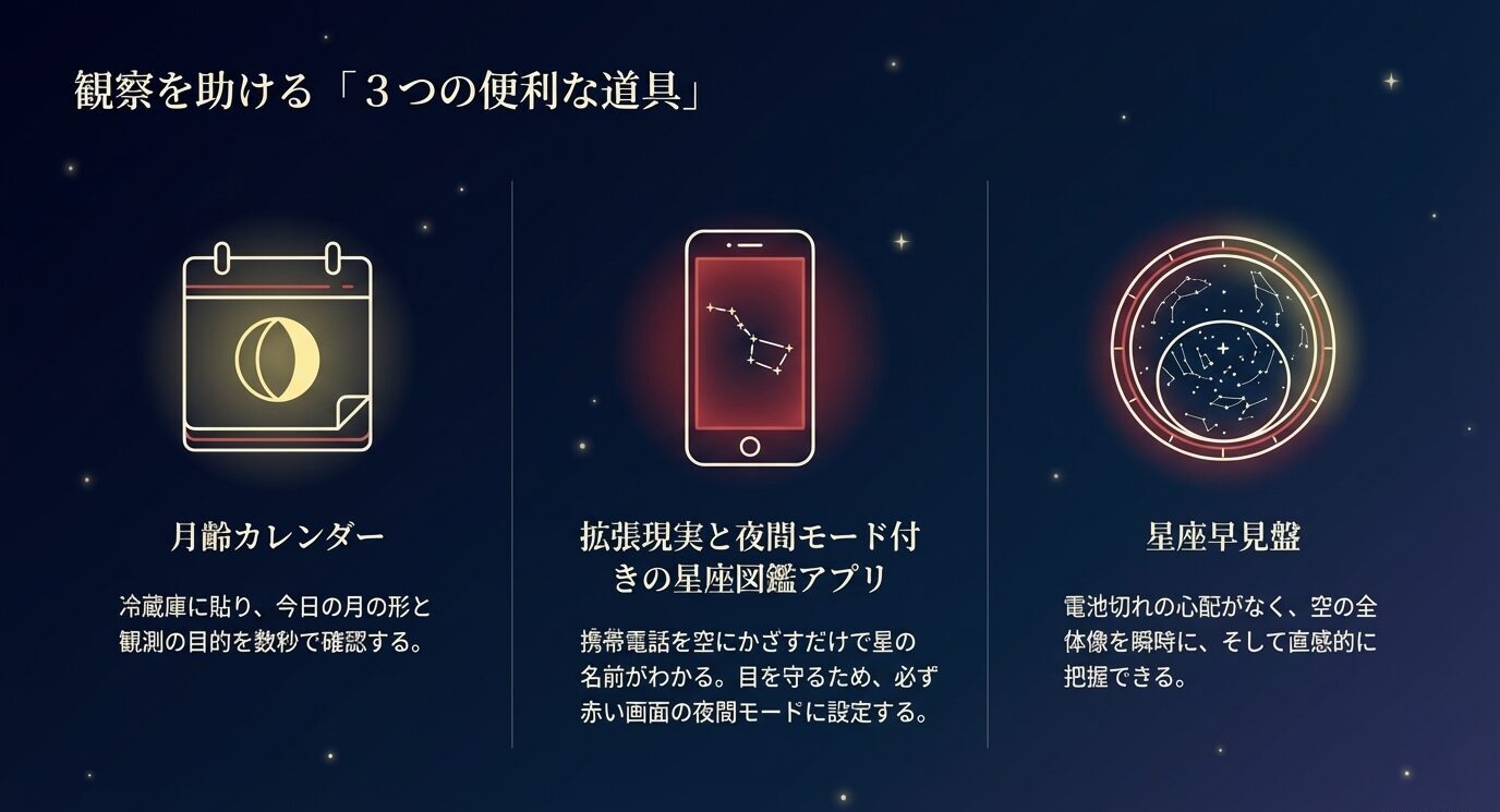月齢カレンダー、夜間モード付きの星図アプリ、星座早見盤の3つを並べ、それぞれの役割を簡潔に説明したスライド。