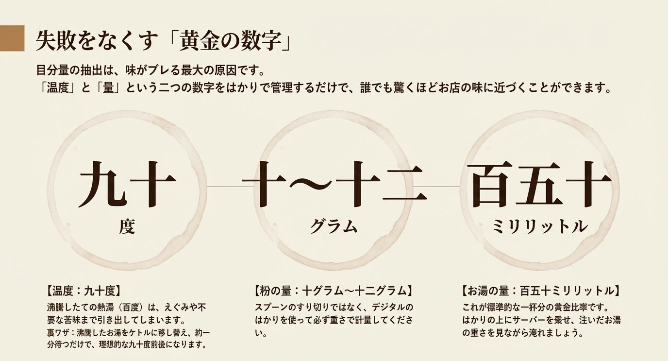 初心者向けの抽出基準として、90度、粉10〜12グラム、抽出量150ミリリットルを大きく表示したスライド。