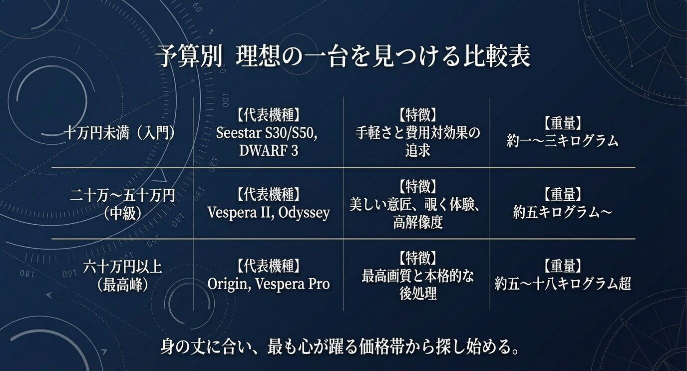 10万円未満、20万〜50万円、60万円以上の3価格帯ごとに、代表機種、特徴、重量の目安を比較した表スライド。