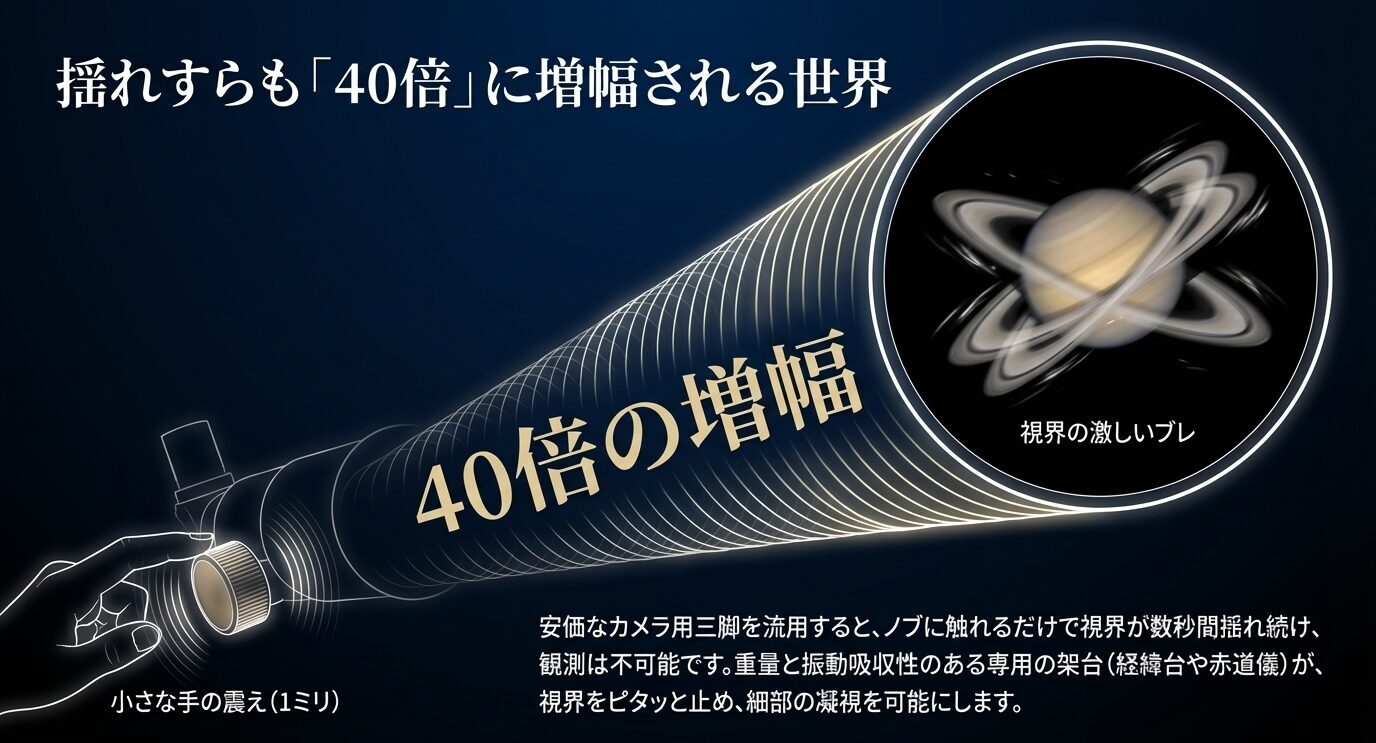 望遠鏡の先に揺れてぶれた土星像を描き、小さな手の震えが40倍では激しい視界ブレになることと、安定した架台の必要性を伝えるスライド