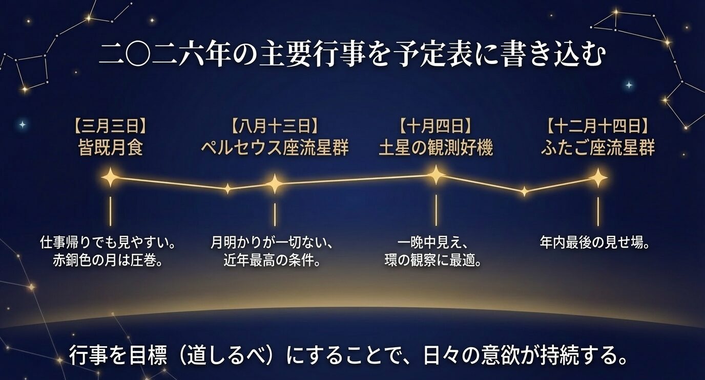 2026年の皆既月食、ペルセウス座流星群、土星観測好機、ふたご座流星群を時系列で並べたタイムラインスライド。