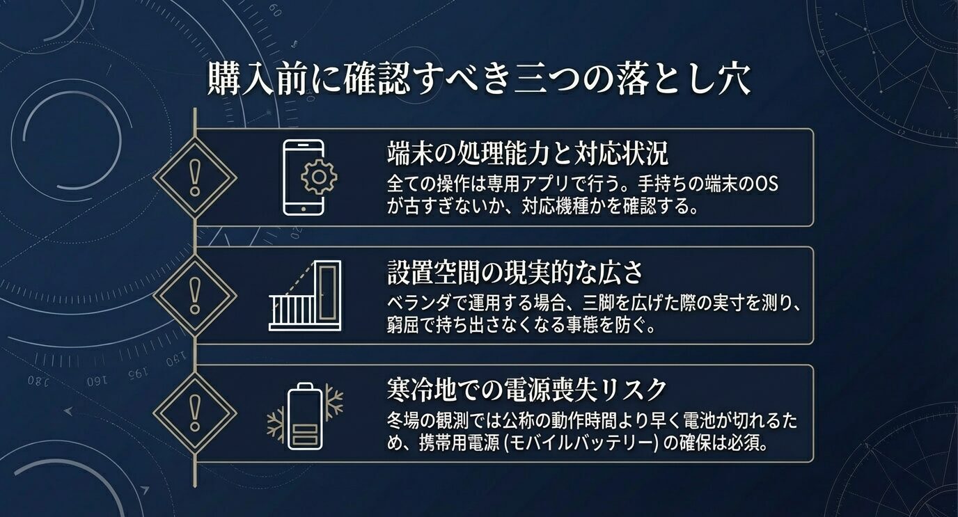 スマート望遠鏡購入前の注意点として、端末の対応状況、設置スペース、寒冷地での電源喪失リスクを3項目で示した警告スライド。