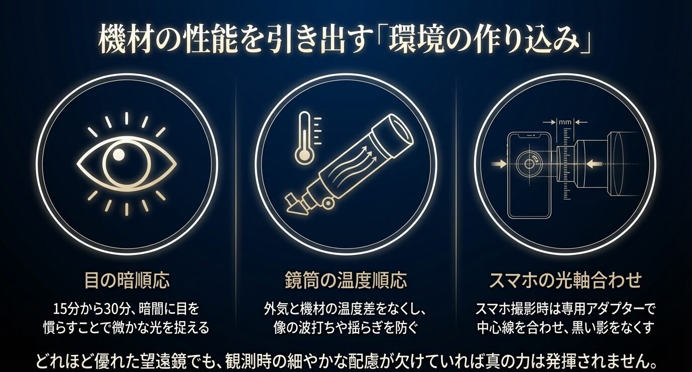 目の暗順応、鏡筒の温度順応、スマホの光軸合わせの3項目をアイコン付きで示し、観測環境の整え方をまとめたスライド