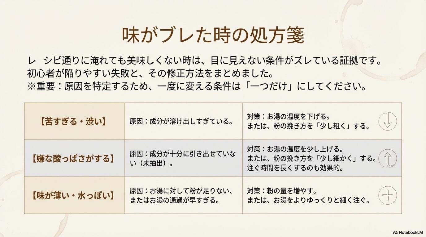 苦すぎる、酸っぱすぎる、薄い・水っぽいの3つの失敗について、原因と対策を表形式で整理したトラブル対策スライド。