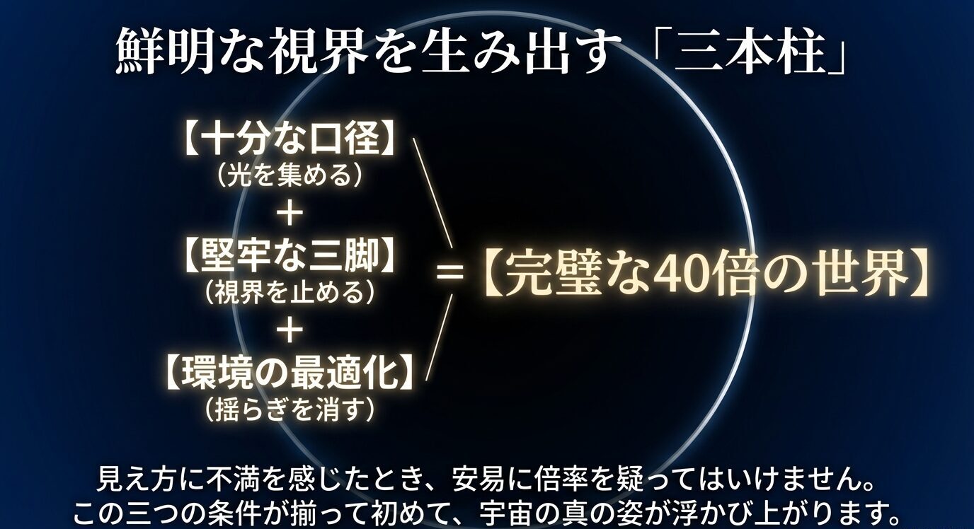 十分な口径、堅牢な三脚、環境の最適化の3条件を足し合わせて「完璧な40倍の世界」になると示した総括スライド