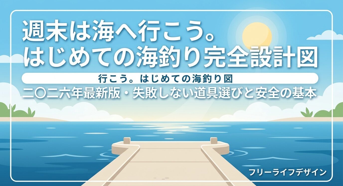 青空と海と桟橋を背景に、「はじめての海釣り完全設計図」と大きく書かれた2026年版の表紙スライド