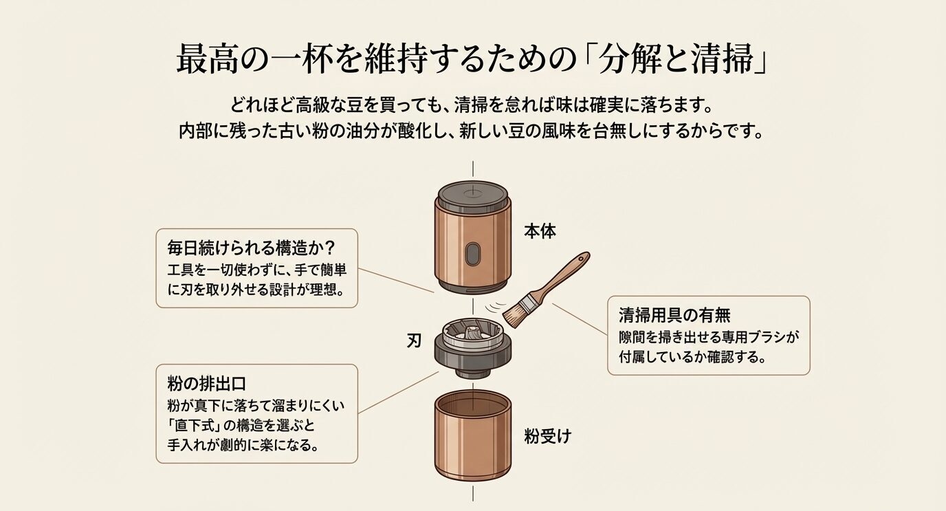 電動ミルの本体、刃、粉受けの構造を示しながら、分解のしやすさ、清掃ブラシの有無、排出口の形状を確認すべきだと説明するスライド。