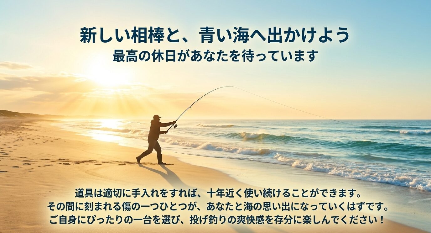 朝夕の砂浜で投げ釣りを楽しむ人物のシルエットと、道具を長く大切に使うメッセージを載せた締めのスライド