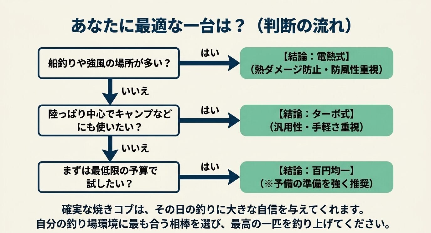 船釣りや強風環境、陸っぱり中心、予算重視などの条件から最適な熱源タイプを選ぶ判断フローチャート