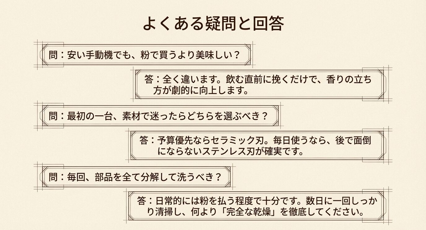 安い手動ミルでもおいしいか、素材はどちらがよいか、毎回洗うべきかという3つの質問と回答をまとめたQ&Aスライド。