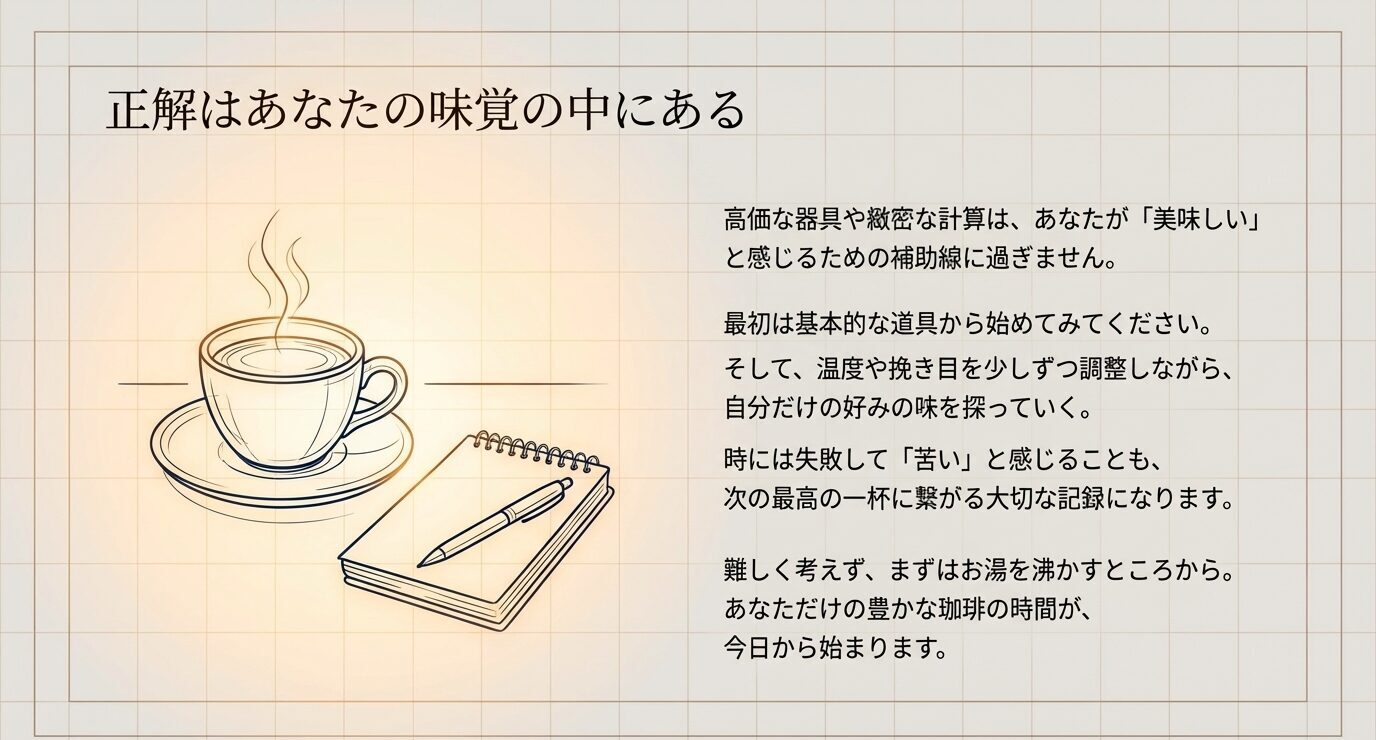 コーヒーカップとノートのイラストとともに、器具や数値に縛られず自分の味覚を大切にする結論メッセージを示したスライド