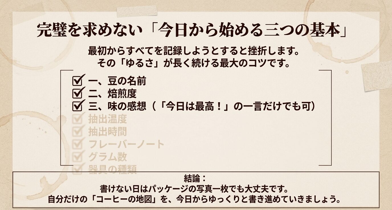 豆の名前、焙煎度、味の感想の3項目だけでコーヒーノートを始めればよいことを示すチェックリスト画像