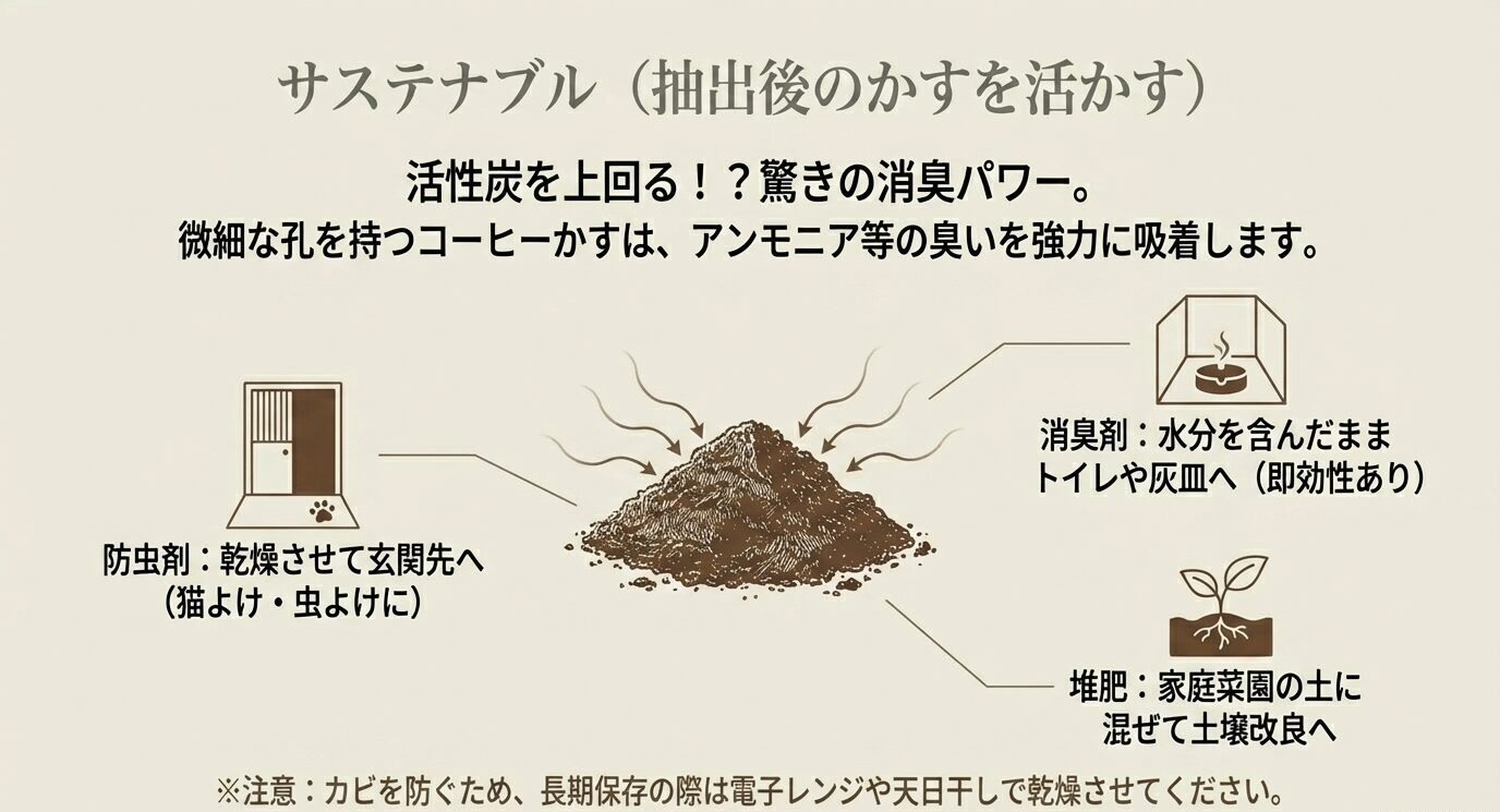 抽出後のコーヒーかすを消臭剤、堆肥、防虫用途に再利用する方法と、長期保存時は乾燥が必要であることをまとめた図解。