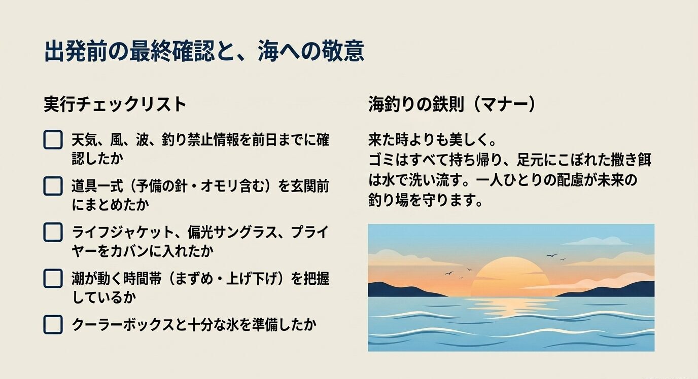 天候確認や持ち物確認のチェックリストと、釣り場をきれいに保つマナーをまとめた最終確認スライド。