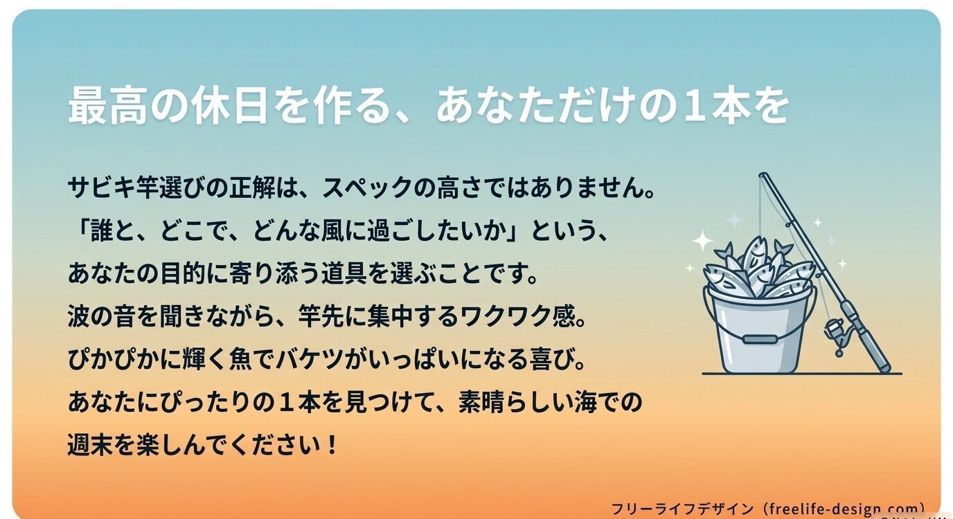 釣り場での過ごし方に合う1本を選ぶ大切さを伝える締めのメッセージと、魚が入ったバケツと竿のイラスト。