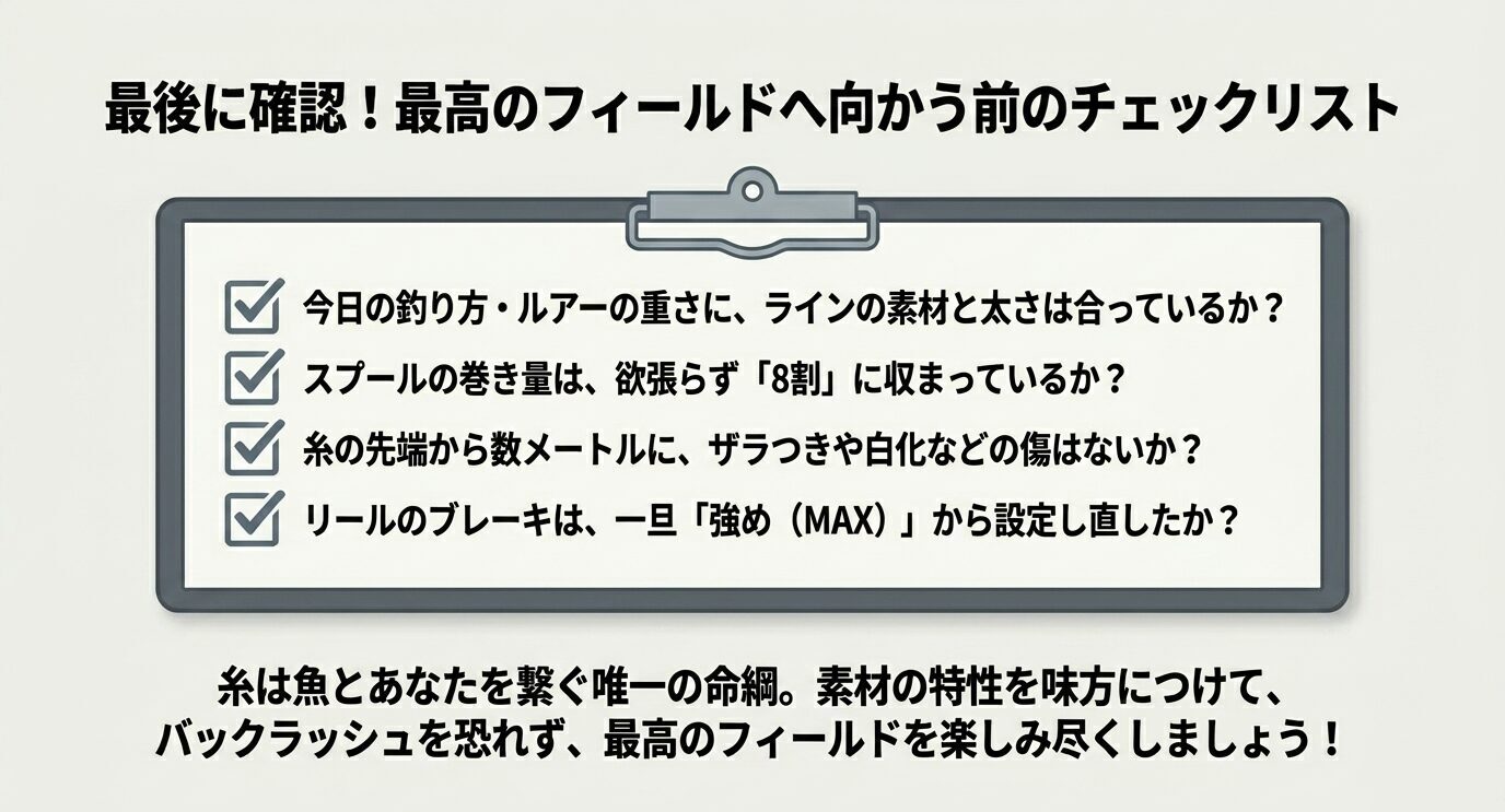 ライン素材と太さ、スプール8割、先端の傷、ブレーキ再設定など釣行前チェック項目を箇条書きで示した図