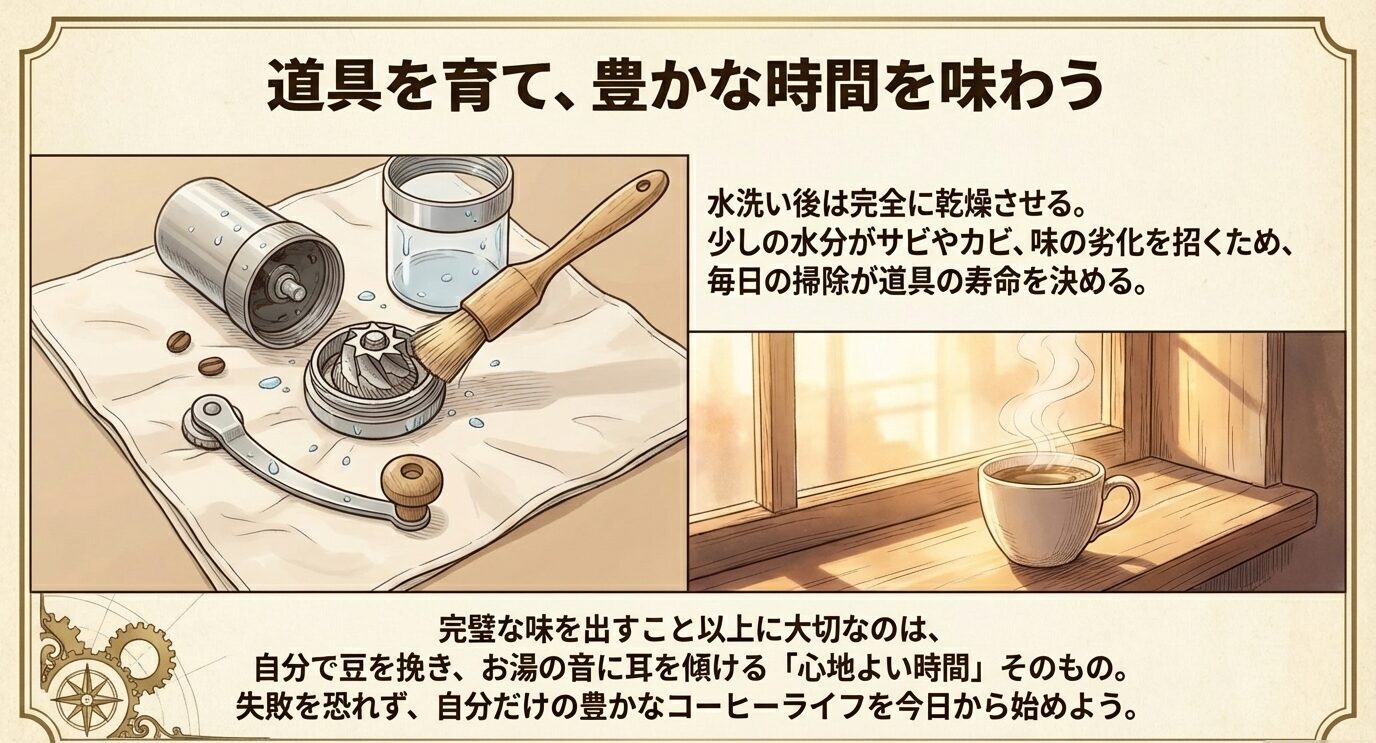 分解したミルを掃除して完全乾燥させる様子と、窓辺のコーヒーカップを描き、日々の手入れと心地よいコーヒー時間の大切さを伝えるスライド