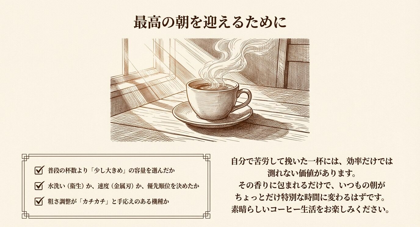 最高の朝を迎えるために、容量の余裕、刃の優先順位、クリック式調整の3点を確認するチェックリストと、コーヒーカップの締めのビジュアルを組み合わせたスライド。