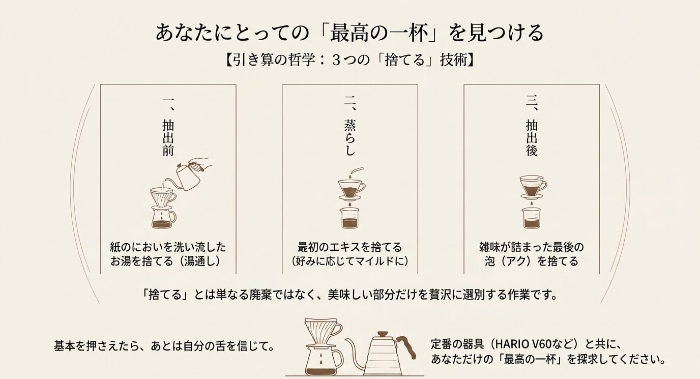 抽出前の湯通し、蒸らし中の最初のエキス、抽出後半の雑味を含む最後の泡という3つの「捨てる」技術をまとめた総括スライド。