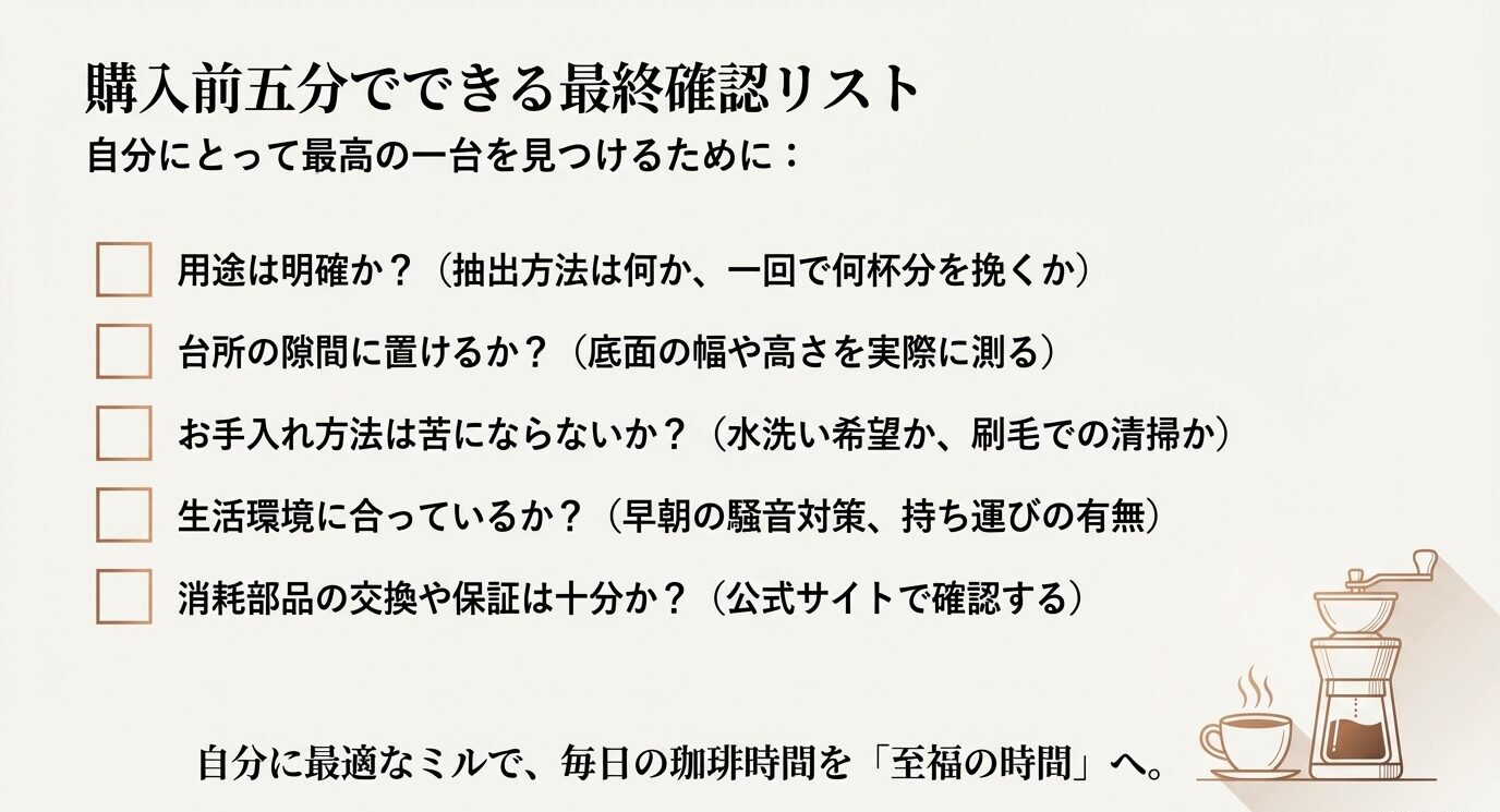 用途、設置スペース、お手入れ方法、生活環境、消耗部品や保証の確認項目をチェックリスト形式でまとめたスライド。