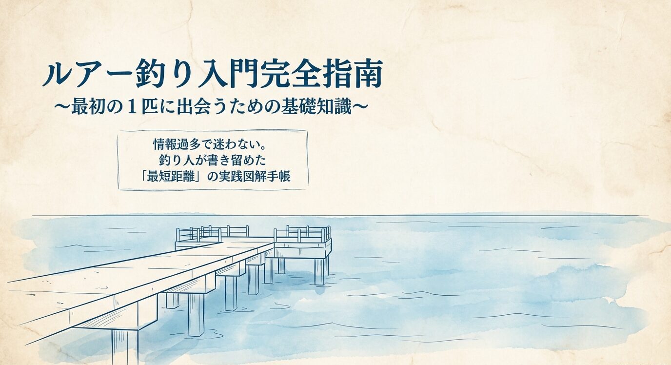 桟橋のイラストと「ルアー釣り入門完全指南～最初の1匹に出会うための基礎知識～」という表紙タイトルを載せた導入画像