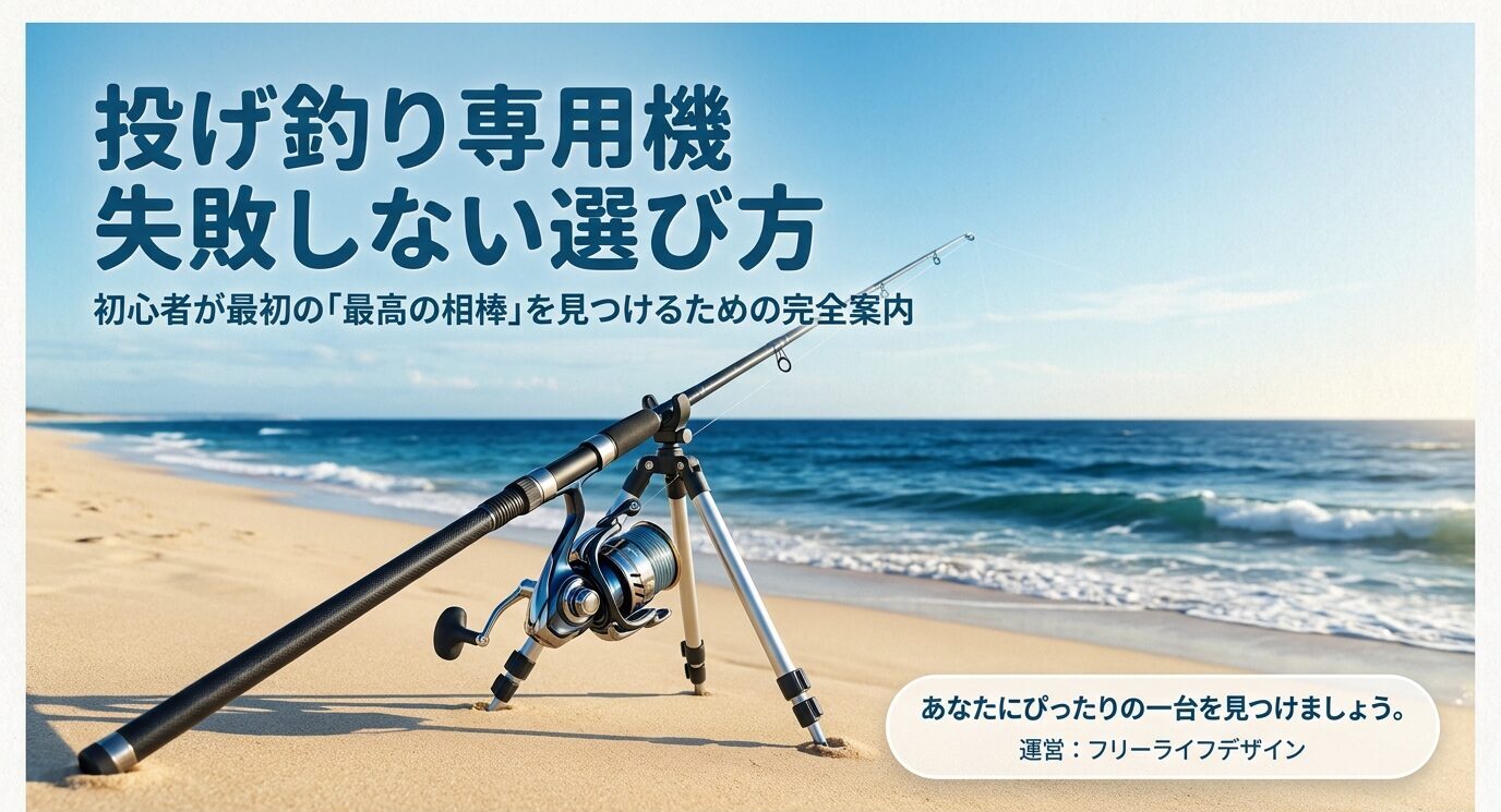 砂浜で三脚に立てた投げ竿とスピニングリールを背景に、投げ釣り専用機の選び方を案内する表紙スライド