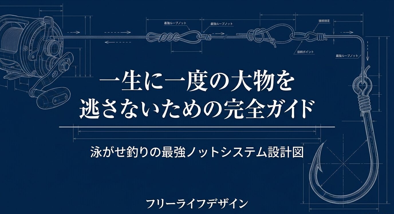 リール、ライン、スイベル、針を設計図風に描き、「一生に一度の大物を逃さないための完全ガイド」と記した泳がせ釣りノット解説の表紙画像。