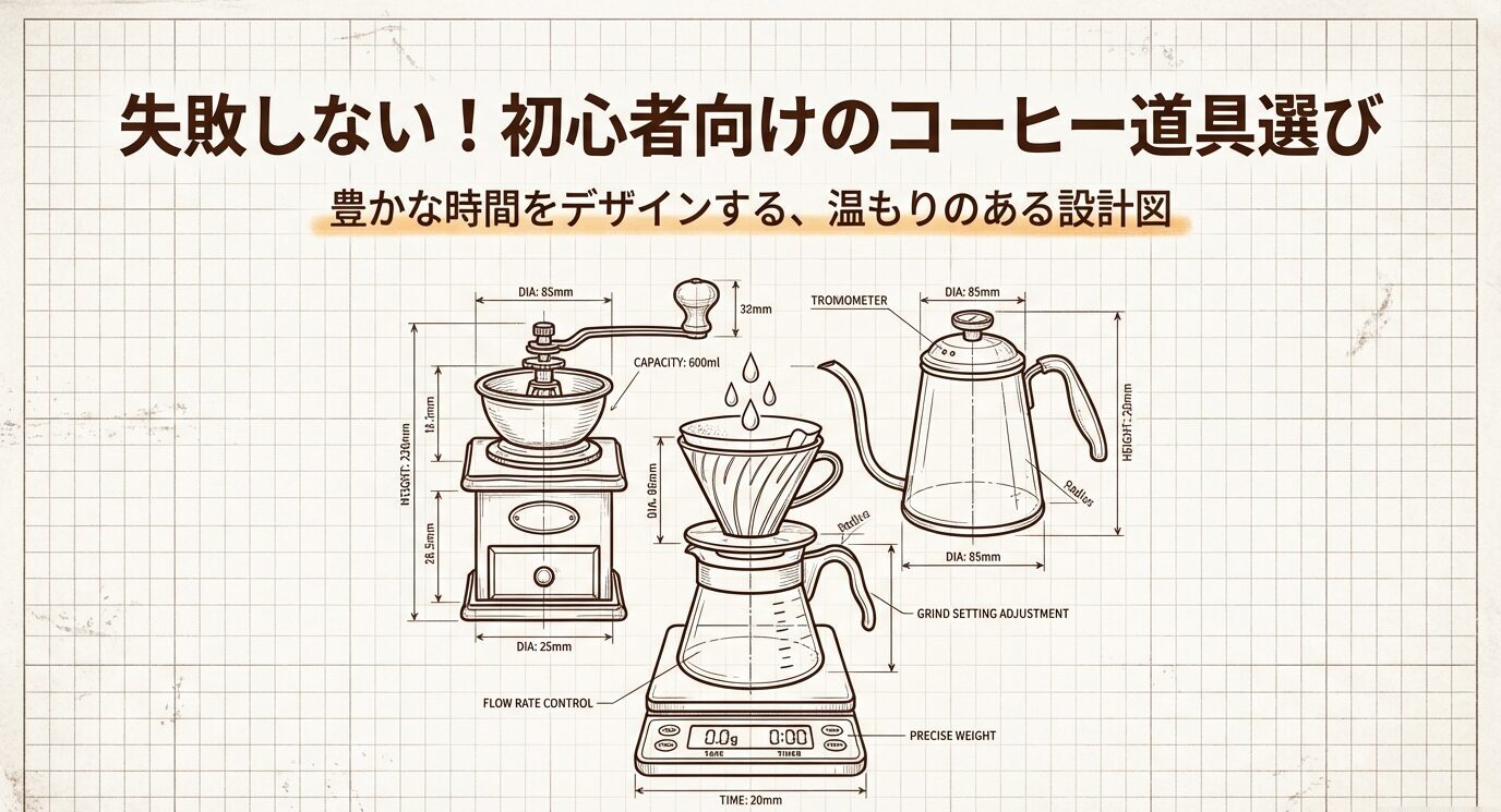 手動ミル、ドリッパー、サーバー、細口ケトル、スケールのイラストとともに、初心者向けコーヒー道具選びの設計図を示した表紙スライド