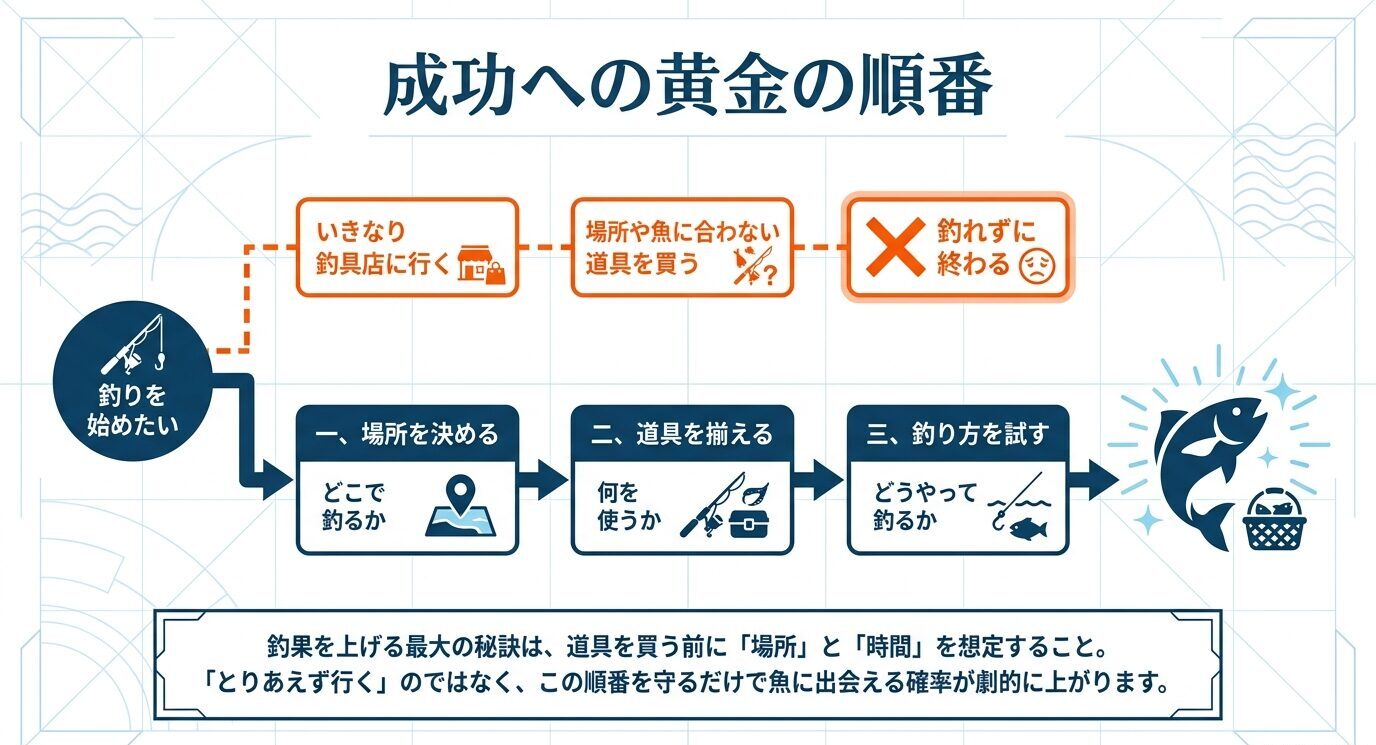釣り初心者向けに、場所を決める、道具をそろえる、釣り方を試すという順番を図解したフローチャート