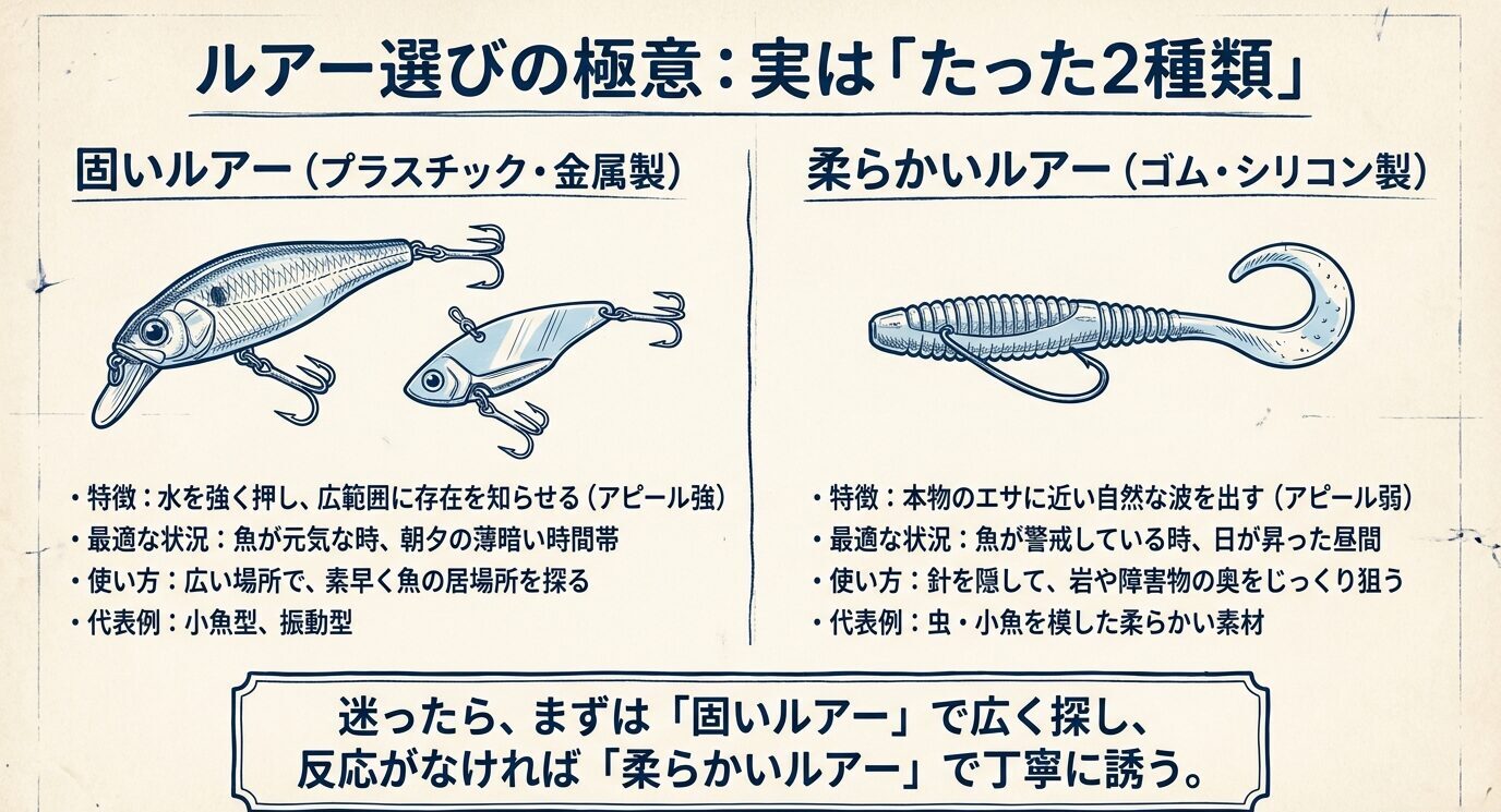 固いルアーと柔らかいルアーを左右で比較し、それぞれの特徴、向く状況、使い方を整理した図
