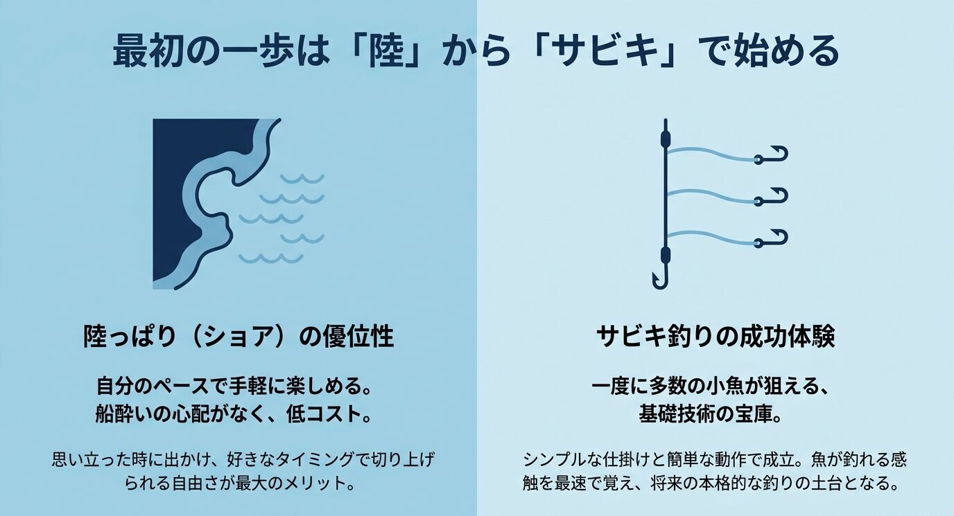 陸っぱりの手軽さと、サビキ釣りで成功体験を得やすいことを左右2カラムで整理したスライド。