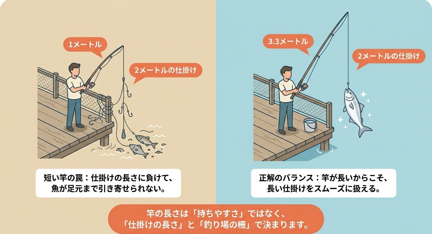 1メートルの短い竿では2メートルの仕掛けを扱えず魚を足元まで寄せにくい一方、3.3メートルの竿なら長い仕掛けをスムーズに扱えることを示した比較図。