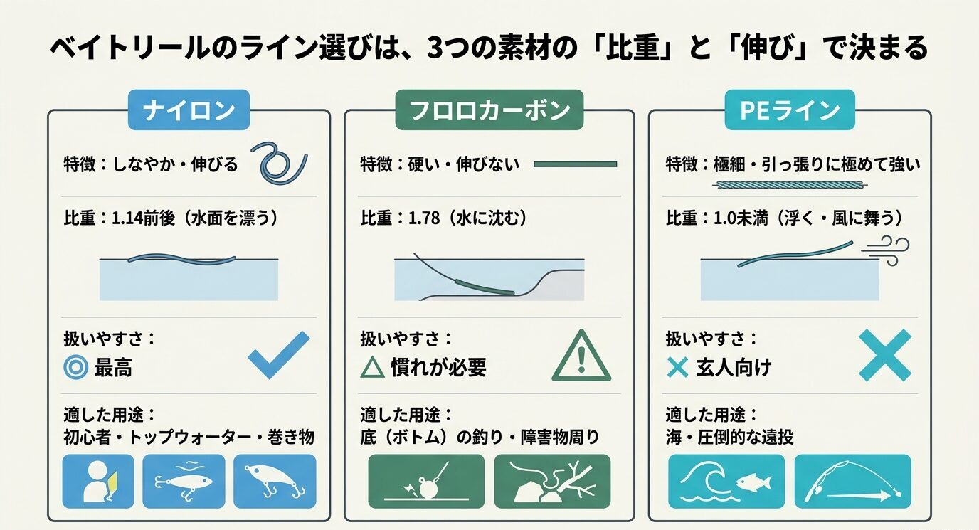 ナイロン、フロロカーボン、PEラインの特徴、比重、扱いやすさ、適した用途を3列で比較した図