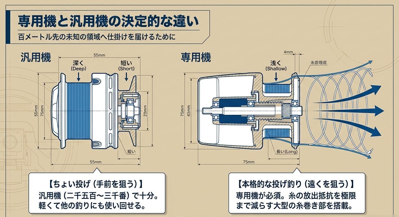汎用スピニングリールと投げ専用リールの糸巻き部構造を並べて比較し、ちょい投げと本格投げの違いを示した図